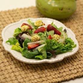 Strawberry Salad with Pistachio Goat Cheese Croutons
