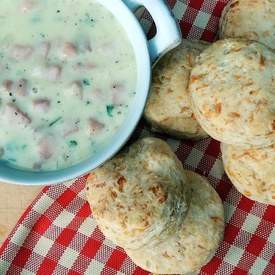 Cheddar Biscuits with Peppered Ham Gravy