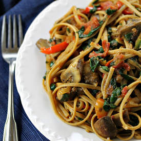 Linguine with Baby Bellas, Peppers and Greens
