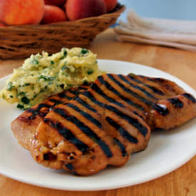 Peach Glazed Grilled Pork Cutlets with Hatch Chiles