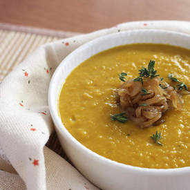 Pumpkin soup with caramelised onions