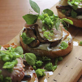 Mushroom Bruschetta with Ricotta and Smashed Peas