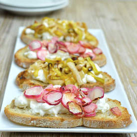 Roasted Radish and Leek Burrata Bruschetta