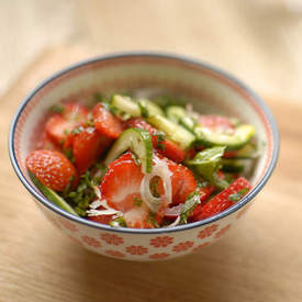 cucumber, shallot and strawberry salad with mint and passionfruit dressing