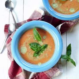 Tomato Bisque with Avocado Pesto Cream