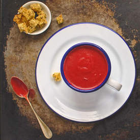beetroot and horseradish soup with thyme and caraway croutons