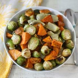 Roasted Sweet Potatoes and Brussels Sprouts 