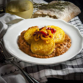 Polenta with Pepperoni & Roasted Red Pepper Sauce
