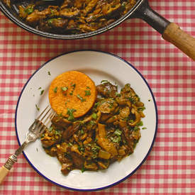 mushroom fricassee with butternut squash fondant