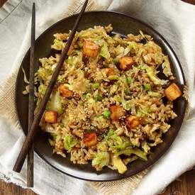 Brussels Sprout Fried Rice with Spicy Baked Tofu