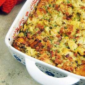 Bacon, Leek, and Artichoke Bread Pudding