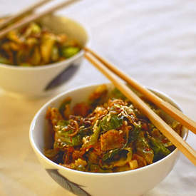 wok-fried Brussels sprouts with sriracha