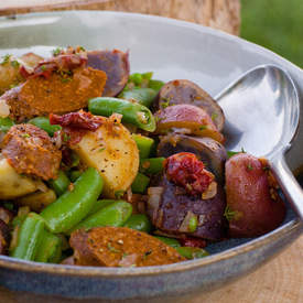 Spicy Sausage, Baby Potatoes, and Snap Peas