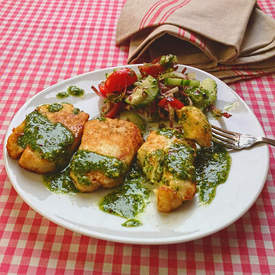 halloumi cooked in buttermilk, with coriander, lime and chilli dressing