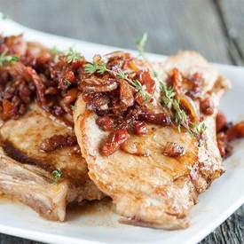 Pork chops and bacon caramelized onions