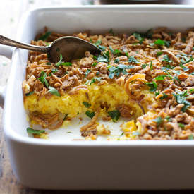 Creamy Corn Pudding With Crispy Onions & Herbs