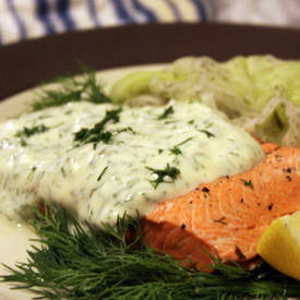 Poached Salmon with Creamy Dill Mustard Sauce